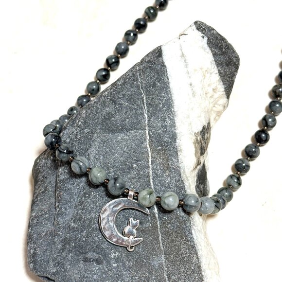 Dark Grey Marble Short Necklace, Genuine Gemstone & Silver Cat on the Moon Charm - Picture 4 of 13